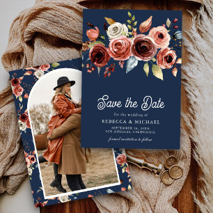 Terracotta Floral Photo Navy Blue Wedding Save The Date
