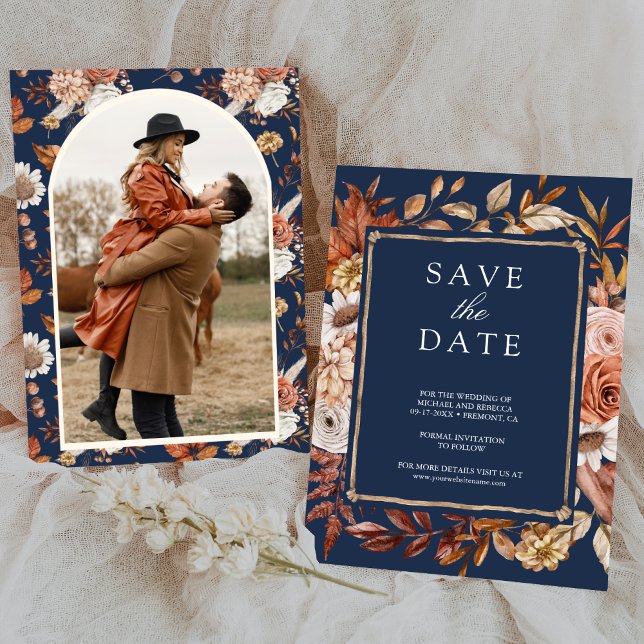 Terracotta Floral Photo Navy Blue Wedding Save The Date (Creator Uploaded)