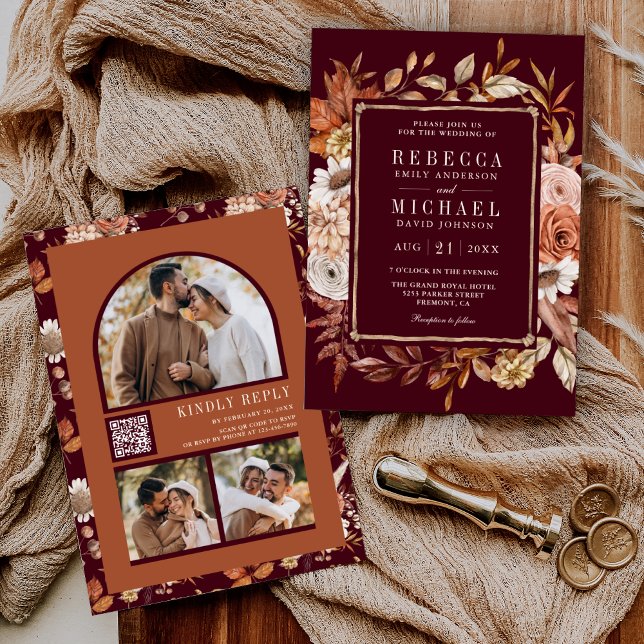 Terracotta Floral Photo QR Code Burgundy Wedding Invitation (Creator Uploaded)