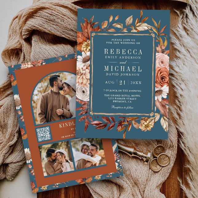 Terracotta Floral Photo QR Code Dusty Blue Wedding Invitation (Creator Uploaded)