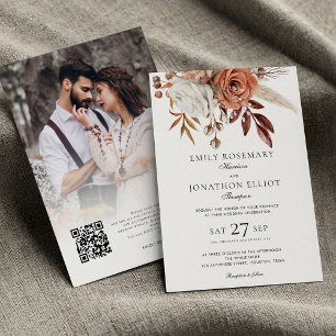 Terracotta Floral Photo QR Code Wedding Invitation