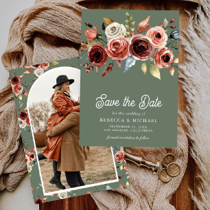 Terracotta Floral Photo Sage Green Wedding Save The Date