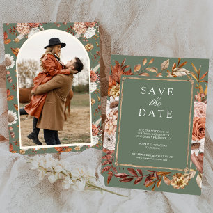 Terracotta Floral Photo Sage Green Wedding Save The Date