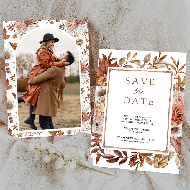 Terracotta Floral Photo Wedding Save The Date (Creator Uploaded)