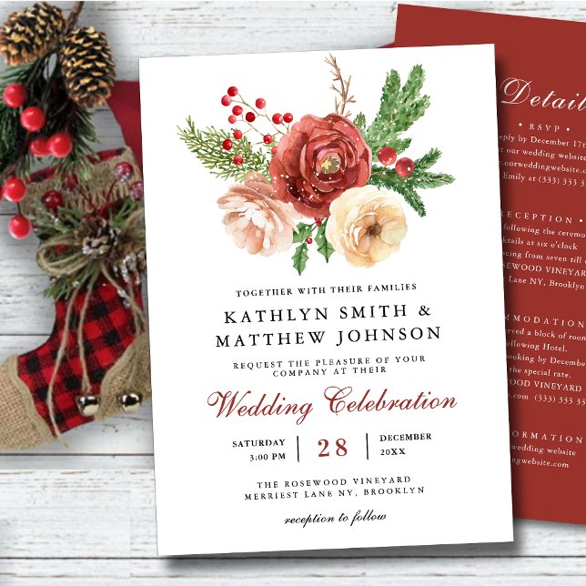 Terracotta Floral Pine All In One Winter Wedding Invitation (Creator Uploaded)