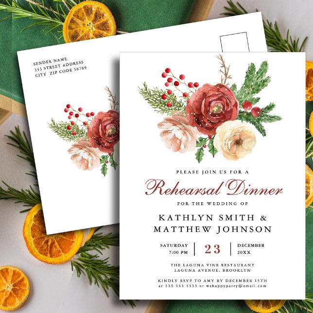 Terracotta Floral Pine Bough Rehearsal Dinner Invitation Postcard (Creator Uploaded)