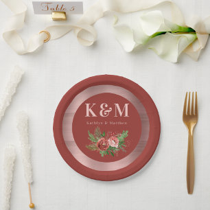 Terracotta Floral Pine Bough Wedding Monogram Paper Plate