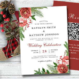 Terracotta Floral Pine Foliage Winter Wedding QR Invitation