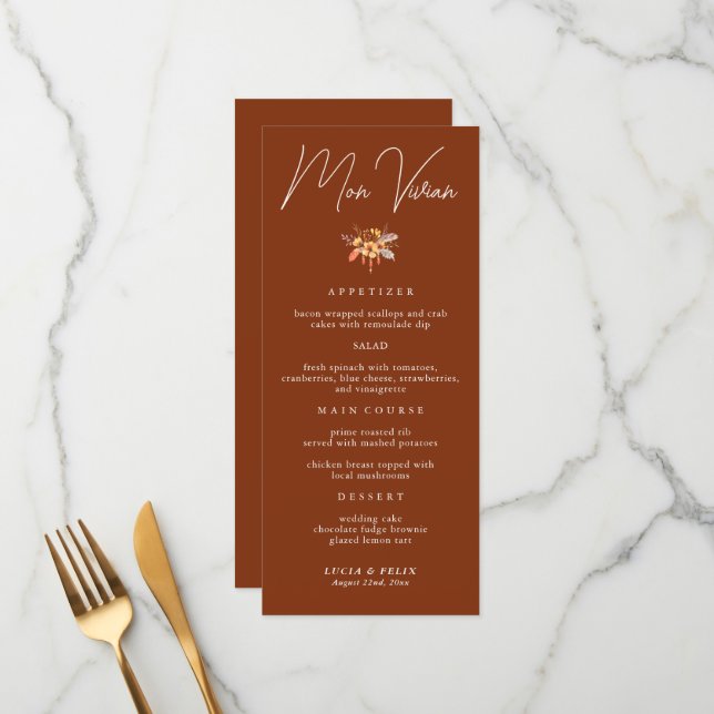 Terracotta floral Place Card Wedding Dinner Card (Front/Back In Situ)