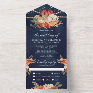 Terracotta Floral Pumpkin Navy Blue Wedding All In One Invitation