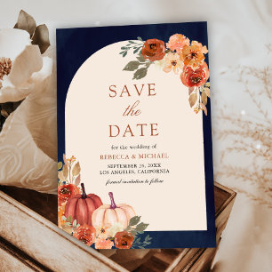 Terracotta Floral Pumpkin Navy Blue Wedding Save The Date