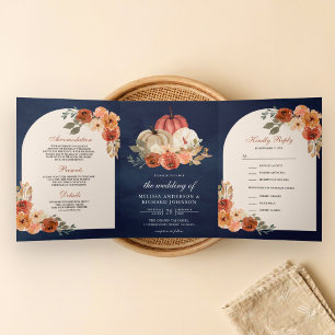 Terracotta Floral Pumpkin Navy Blue Wedding Tri-Fold Invitation