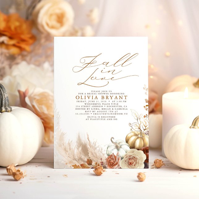 Terracotta Floral Pumpkins Fall Bridal Shower Invitation (Fall in Love Bridal Shower Invitations featuring Earthy Flowers and Gold Pumpkins)