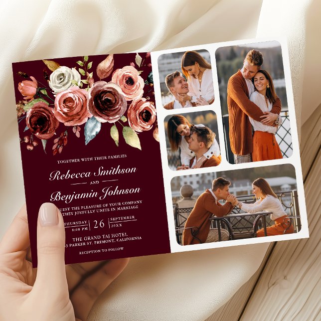 Terracotta Floral QR Code Burgundy Wedding Invitation (Creator Uploaded)
