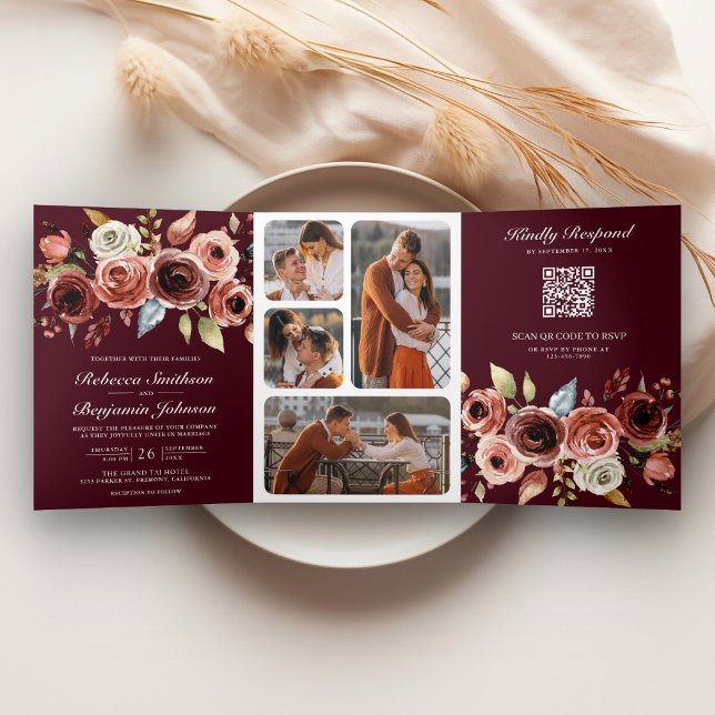 Terracotta Floral QR Code Burgundy Wedding Tri-Fold Invitation (Creator Uploaded)