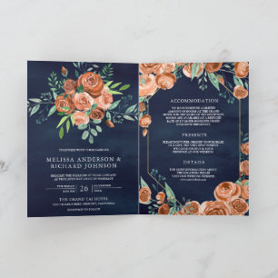 Terracotta Floral QR Code Navy Blue Wedding Invitation