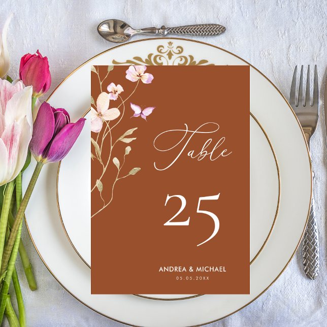 Terracotta Floral Rust Wildflowers Script Wedding Table Number (Creator Uploaded)