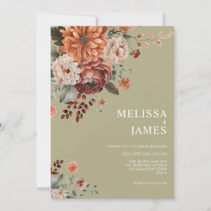 Terracotta Floral Sage Green Botanical Wedding Invitation