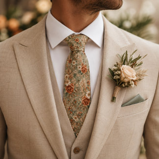 Terracotta Floral Sage Green Botanical Wedding Tie