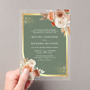 Terracotta Floral Sage Green Gold Wedding Acrylic Invitations