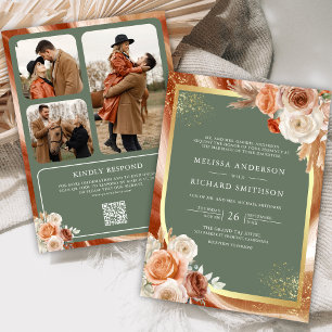 Terracotta Floral Sage Green Photo QR Code Wedding Invitation