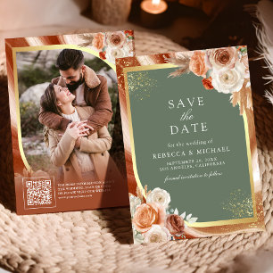 Terracotta Floral Sage Green QR Code Photo Wedding Save The Date
