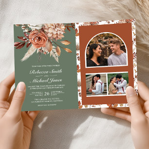 Terracotta Floral Sage Green QR Code Wedding Invitation