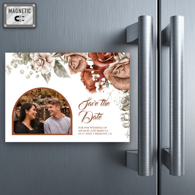 Terracotta Floral Wedding Arch Photo Save the Date Magnetic Invitation (Creator Uploaded)