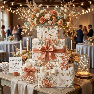 Terracotta Floral Wedding Gift Wrap with Doves