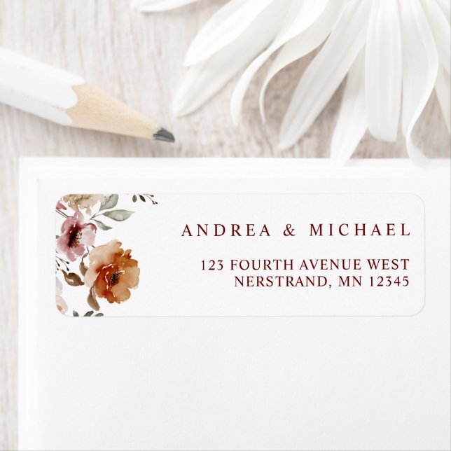 Terracotta Floral Wedding Return Address Label (Insitu)