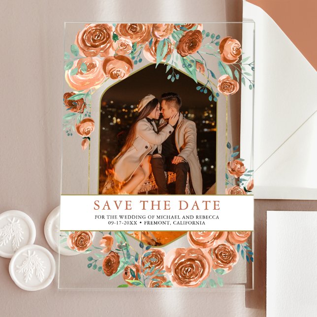 Terracotta Floral Wedding Save the Date Acrylic Invitations (Creator Uploaded)