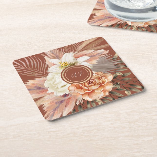 Terracotta Floral Wedding Square Paper Coaster (Angled)