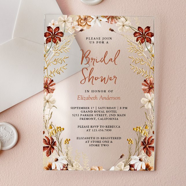 Terracotta Floral Wildflower Bridal Shower Acrylic Invitations (Creator Uploaded)