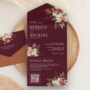Terracotta Floral Wildflower Burgundy Wedding All In One Invitation