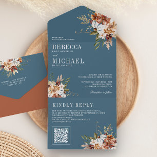 Terracotta Floral Wildflower Dusty Blue Wedding All In One Invitation