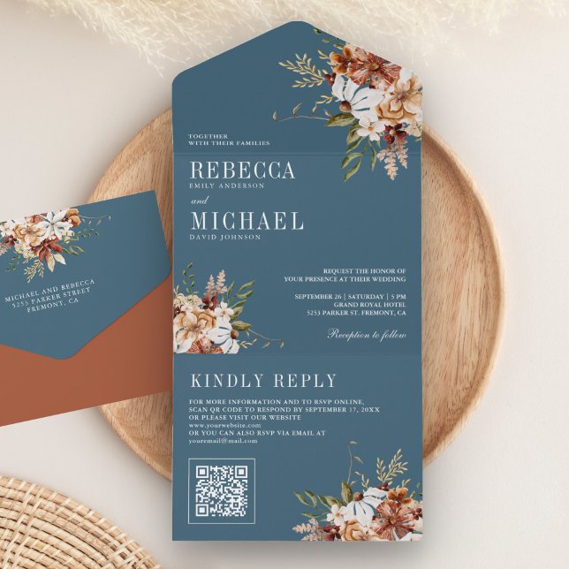 Terracotta Floral Wildflower Dusty Blue Wedding All In One Invitation (Creator Uploaded)