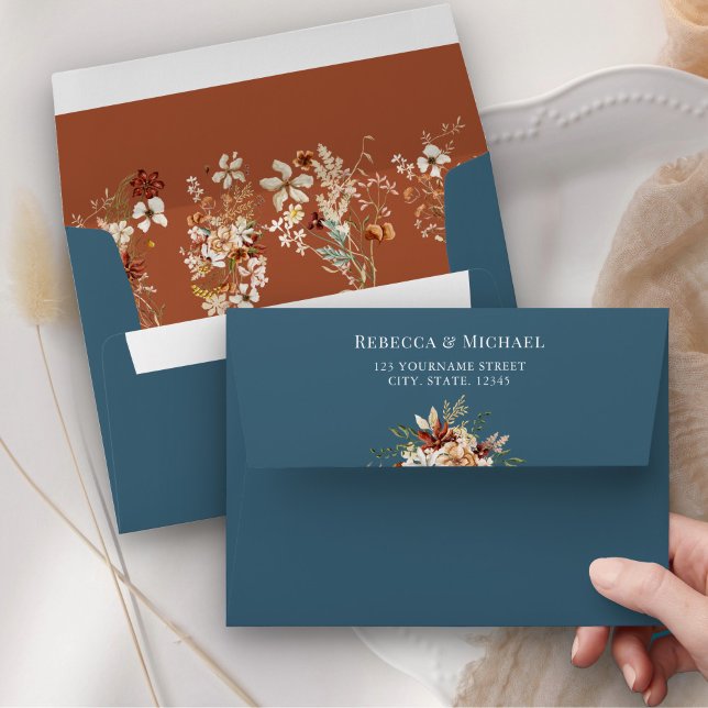 Terracotta Floral Wildflower Dusty Blue Wedding Envelope (Creator Uploaded)