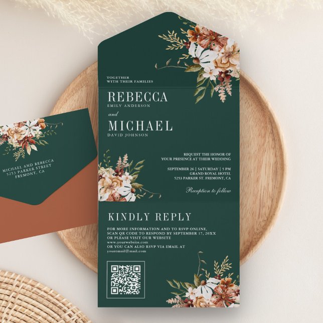 Terracotta Floral Wildflower Emerald Green Wedding All In One Invitation (Creator Uploaded)