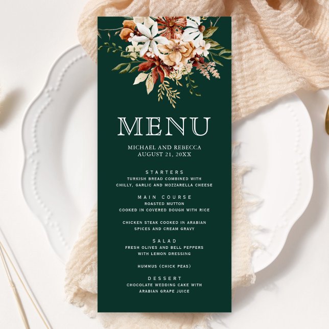 Terracotta Floral Wildflower Emerald Green Wedding Menu (Creator Uploaded)