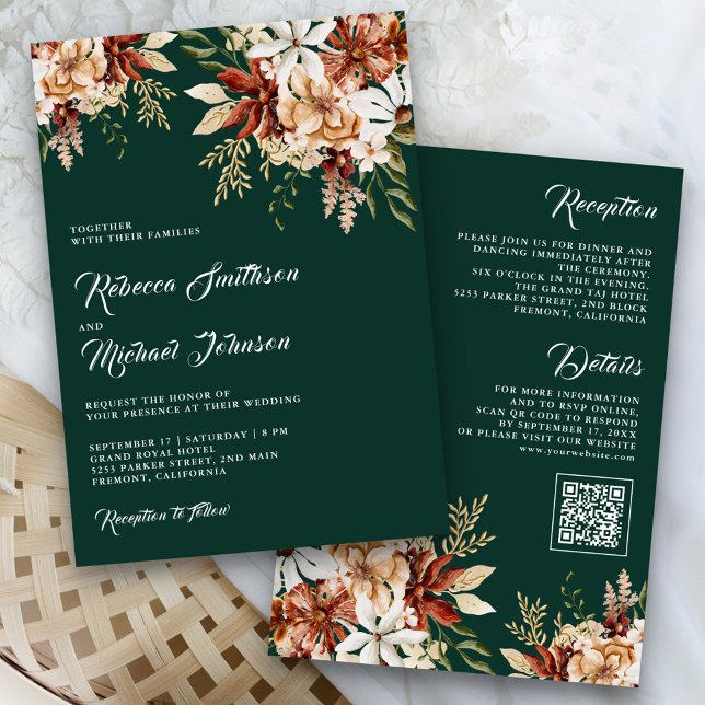 Terracotta Floral Wildflower Emerald Wedding Invitation (Creator Uploaded)