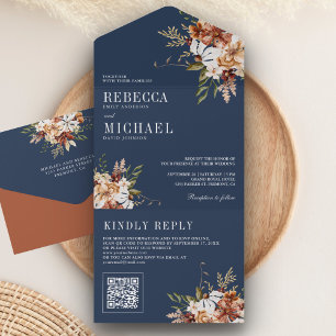 Terracotta Floral Wildflower Navy Blue Wedding All In One Invitation