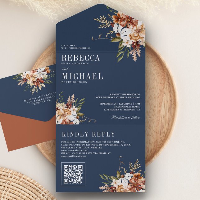 Terracotta Floral Wildflower Navy Blue Wedding All In One Invitation (Creator Uploaded)