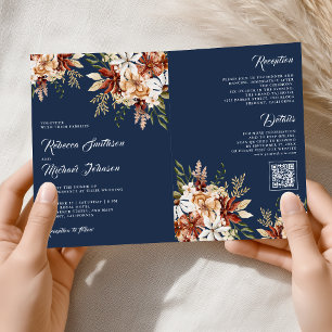 Terracotta Floral Wildflower Navy Blue Wedding Invitation