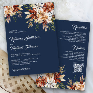 Terracotta Floral Wildflower Navy Blue Wedding Invitation