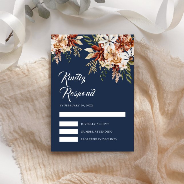 Terracotta Floral Wildflower Navy Blue Wedding RSVP Card (Creator Uploaded)