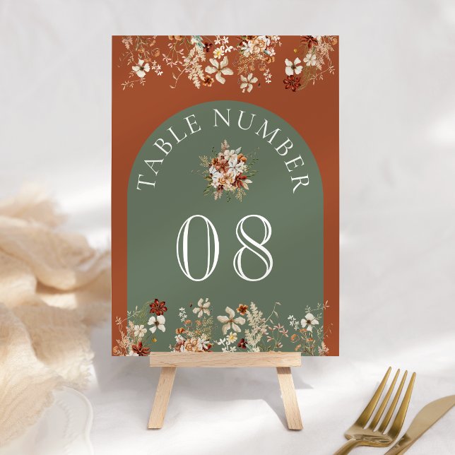 Terracotta Floral Wildflower Sage Green Wedding Table Number (Creator Uploaded)