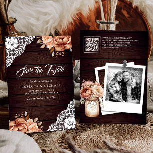 Terracotta Floral Wood Photo QR Code Wedding Save The Date