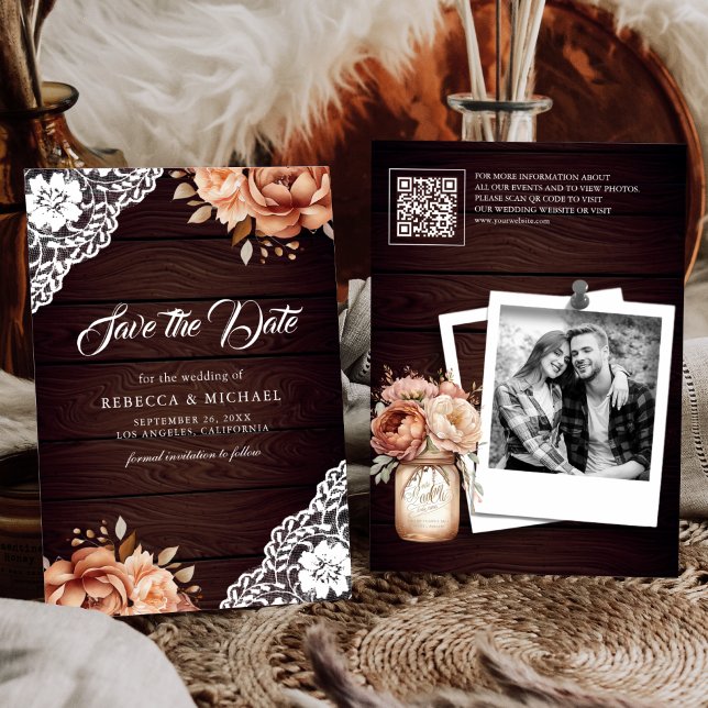 Terracotta Floral Wood Photo QR Code Wedding Save The Date (Creator Uploaded)