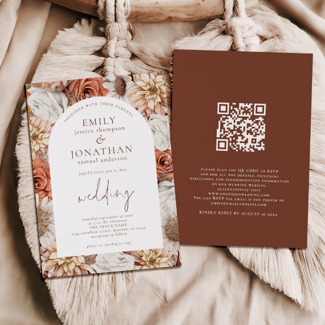Terracotta Florals Arch Frame QR Code Wedding Invitation (Frotn and back view)