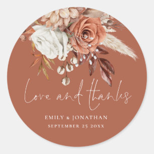 Terracotta Florals Love Thanks Rust Wedding Classic Round Sticker
